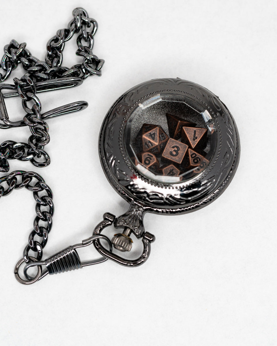 Infant Horologist | Black Chrome Pocket Watch with 7 Piece Micro Mini Metal Dice Set