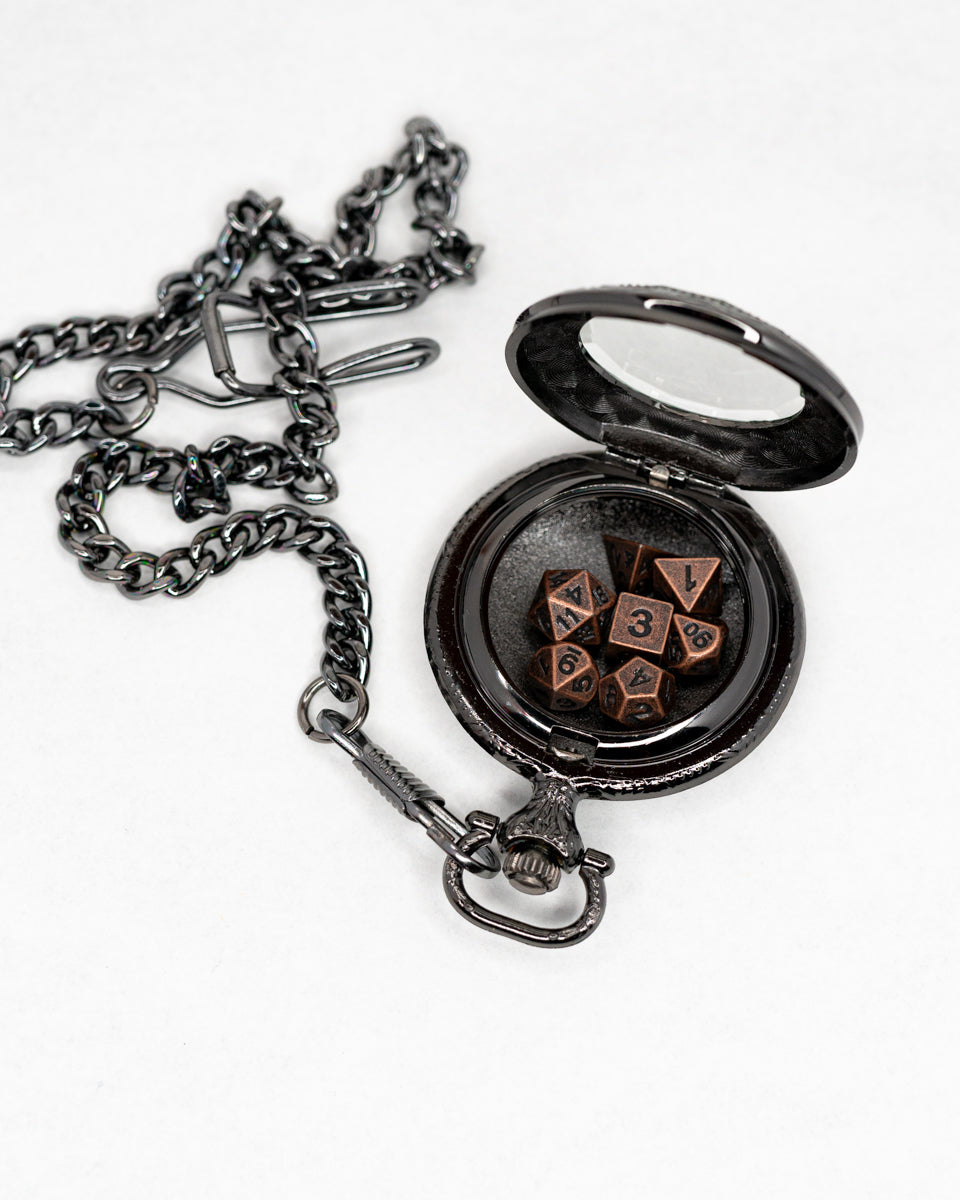 Infant Horologist | Black Chrome Pocket Watch with 7 Piece Micro Mini Metal Dice Set