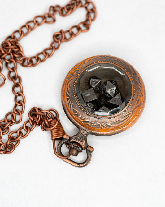 Grit In The Gears | Copper Pocket Watch with 7 Piece Micro Mini Metal Dice Set