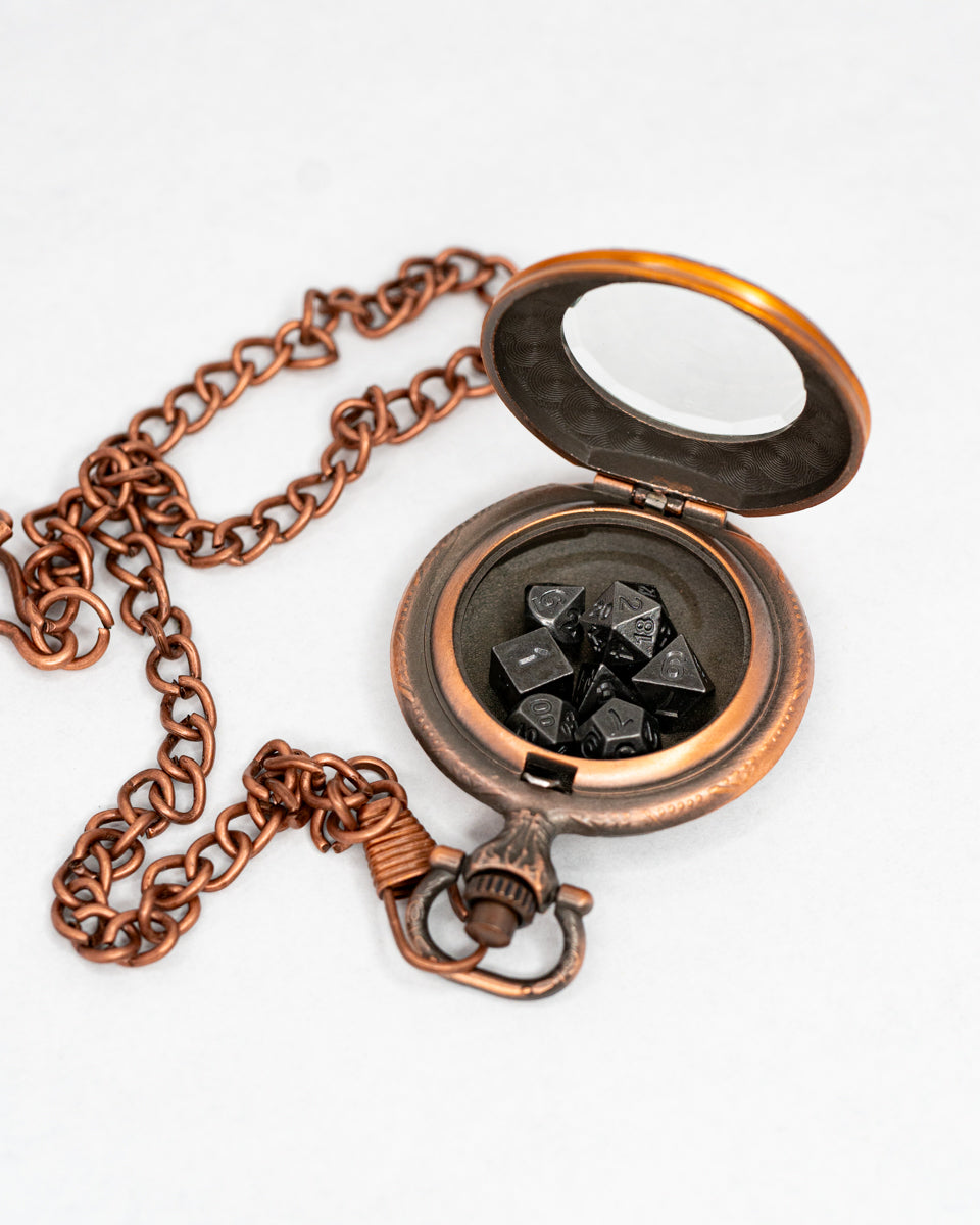 Grit In The Gears | Copper Pocket Watch with 7 Piece Micro Mini Metal Dice Set