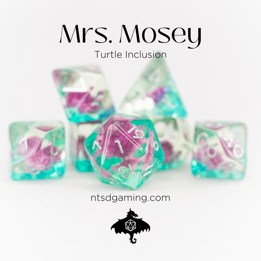 Mrs Mosey | Turtle | 7 Piece Acrylic Inclusion Dice Set