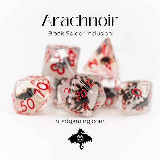 Arachnoir | Black Spider | 7 Piece Acrylic Inclusion Dice Set