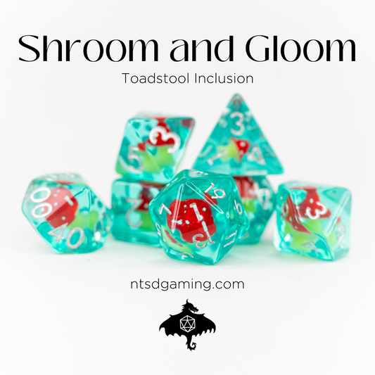 Shroom and Gloom | Toadstool | 7 Piece Acrylic Inclusion Dice Set