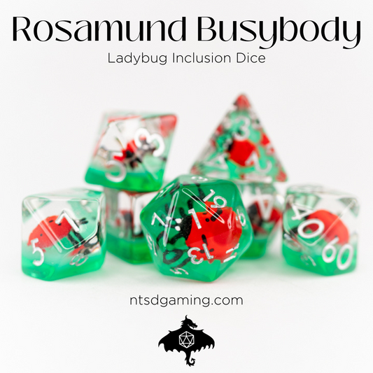 Rosamund Busybody | Ladybug | 7 Piece Acrylic Inclusion Dice Set