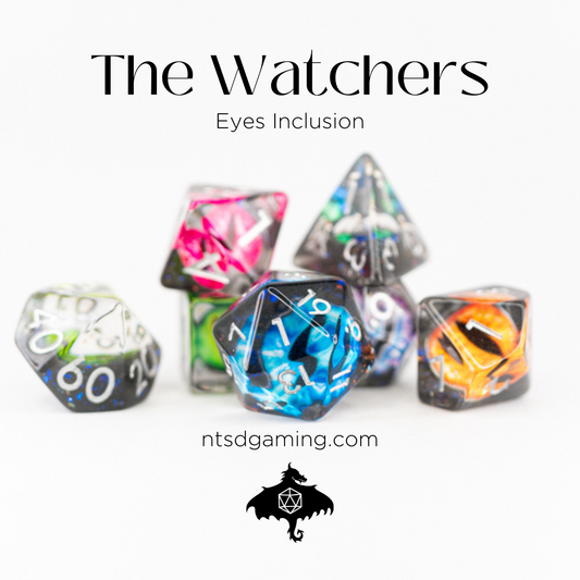 The Watchers | Multi-hued Eye | 7 Piece Acrylic Inclusion Dice Set