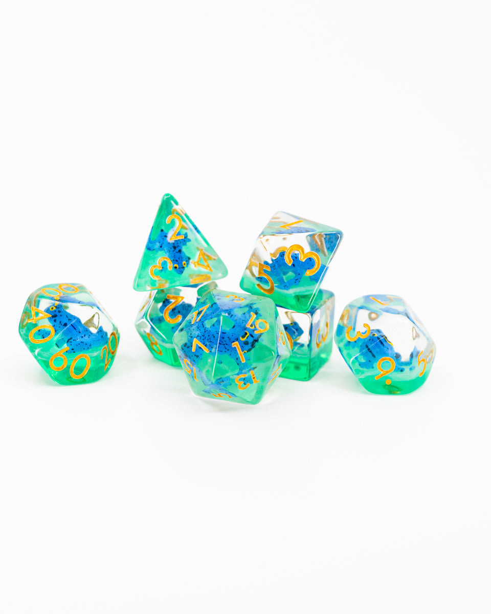 Puddles | Blue Frog | 7 Piece Acrylic Inclusion Dice Set