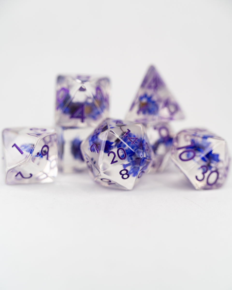 Monkshood | Blue Flower | 7 Piece Acrylic Inclusion Dice Set