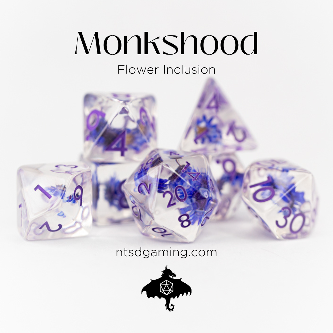 Monkshood | Blue Flower | 7 Piece Acrylic Inclusion Dice Set