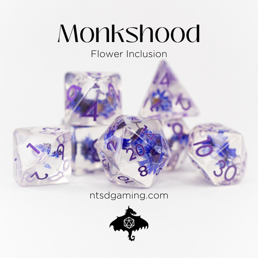 Monkshood | Blue Flower | 7 Piece Acrylic Inclusion Dice Set