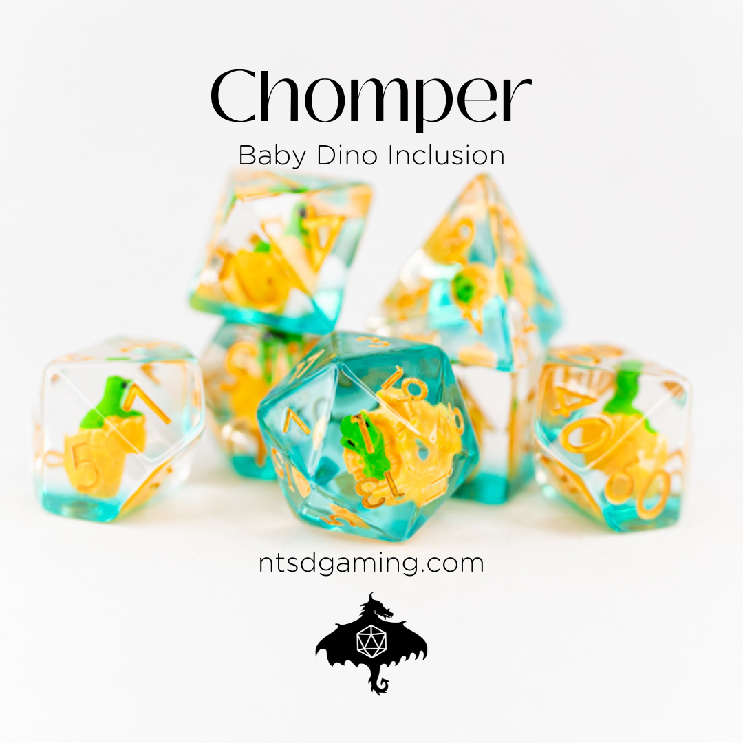 Chomper | Dino Egg | 7 Piece Acrylic Inclusion Dice Set