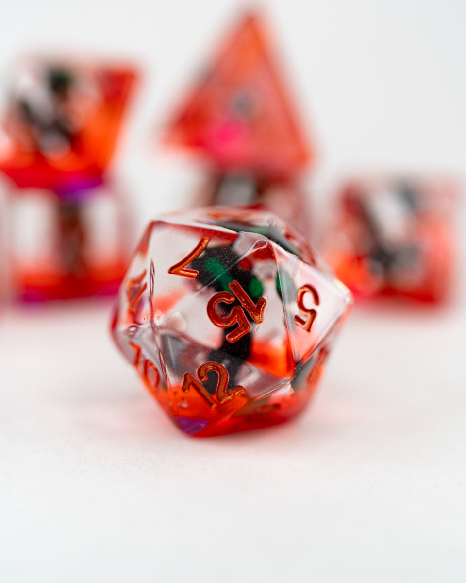 Decimus, the Undead Cat | 7 Piece Acrylic Inclusion Dice Set