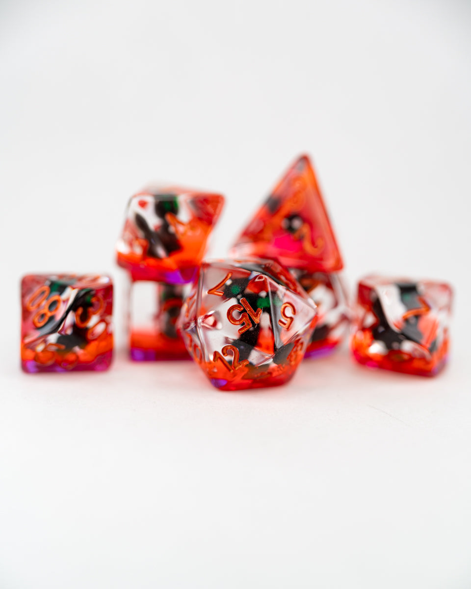 Decimus, the Undead Cat | 7 Piece Acrylic Inclusion Dice Set