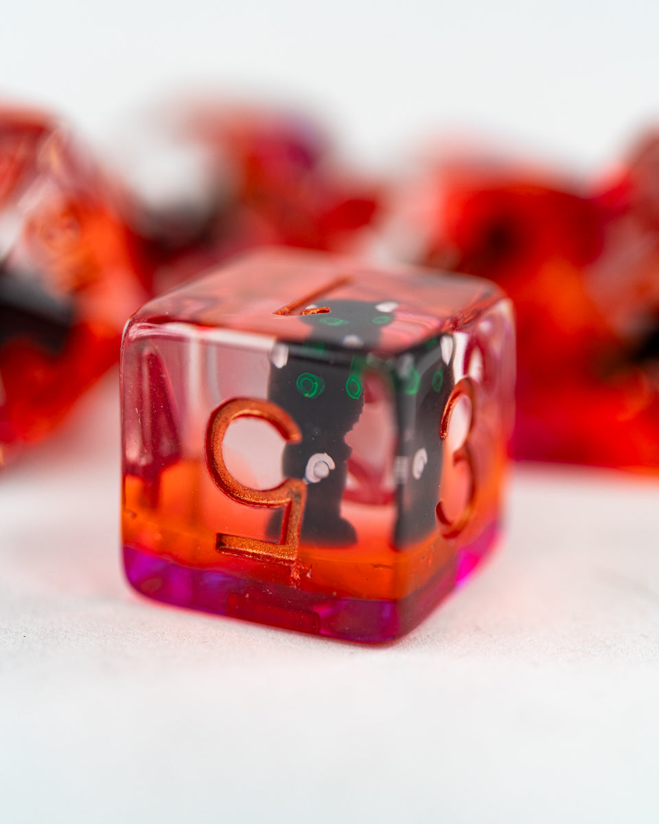 Decimus, the Undead Cat | 7 Piece Acrylic Inclusion Dice Set