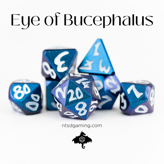 Eye of Bucephalus | Large Font | 7 Piece Metal Dice Set