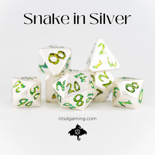 Snake in Silver | Large Font | 7 Piece Metal Dice Set