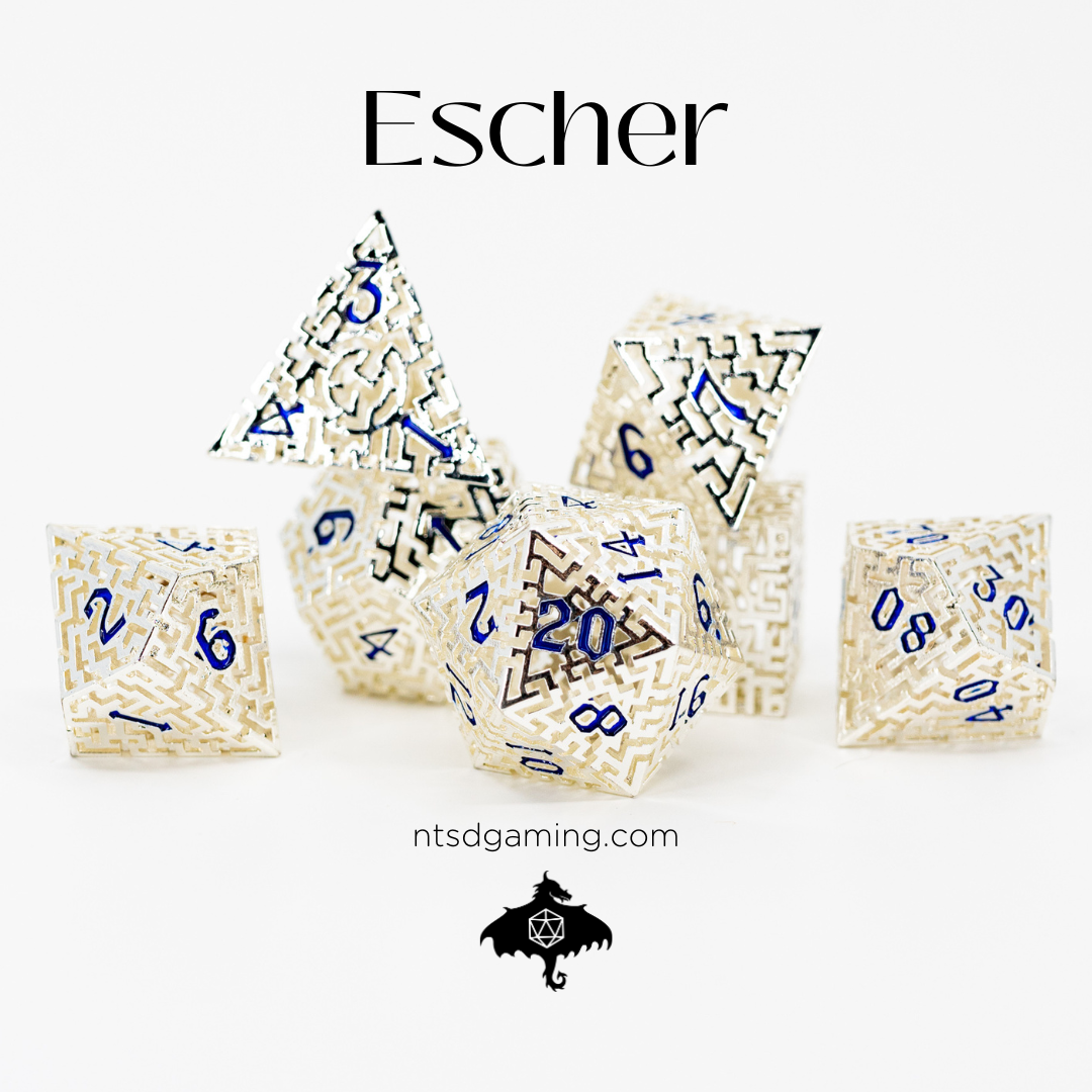 Escher | Hollow Maze | 7 Piece Metal Dice Set