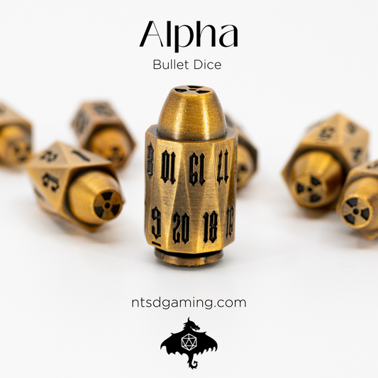 Alpha | Brass Bullets | 7 Piece Metal Dice Set