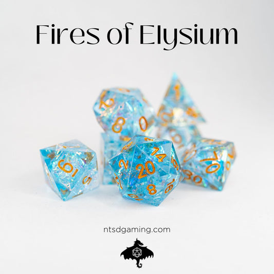 Fires of Elysium | 7 Piece Sharp Edge Resin Dice Set