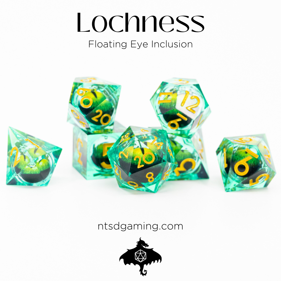 Lochness | Floating Eye Inclusion | 7 Piece Sharp Edge Resin Dice Set