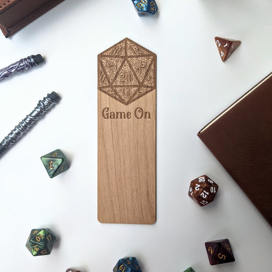 D20 Game On | Engraved Wooden Bookmark